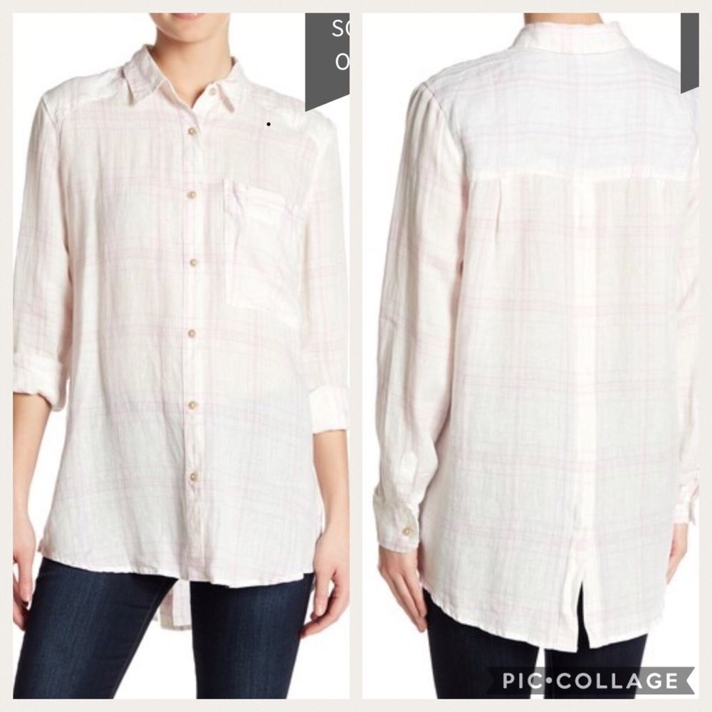 Free People Linen Plaid Button Down Shirt Sz S